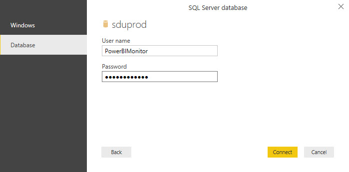 On the SQL Server database page, in the left pane, Database is selected. In the right pane, User name is PowerBIMonitor.